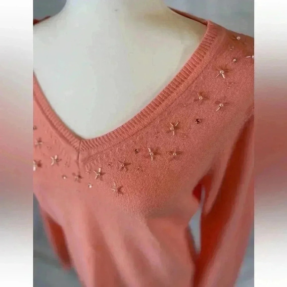 Basic Editions Women's V Neck Beaded Orange Melon Fine Knit Sweater Size M - Picture 8 of 13